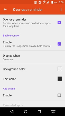 Over-use reminderの設定画面