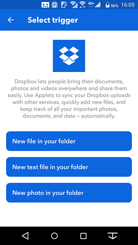 「IFTTT」では、「Dropboxへの新しいファイルのアップロード」をトリガーとして設定。対象フォルダを指定する