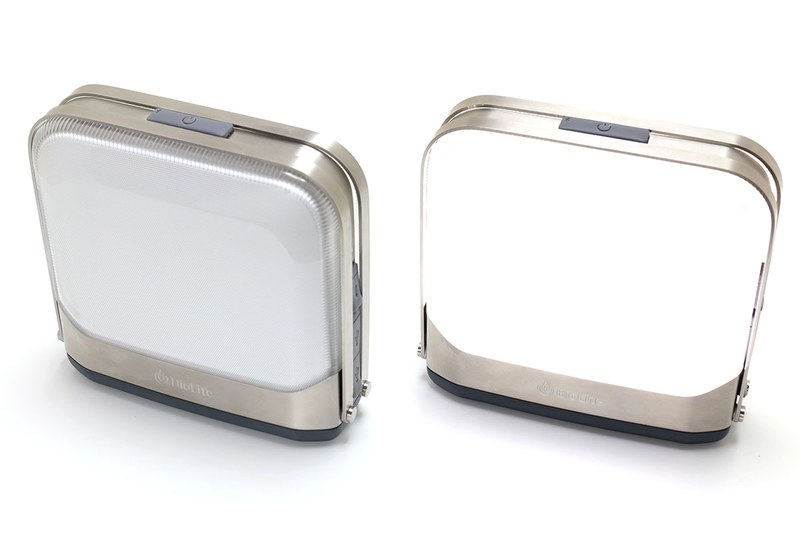 「BioLite Energy」の表示例とBaseLanternの動作。スマートフォンなどからBaseLanternのオンオフや明るさ、色合いを調節できます。明るさは21段階で変えられ、色合いは純白～ウォームホワイトを無段階で調節可能。残り何時間使えるかも表示されます。