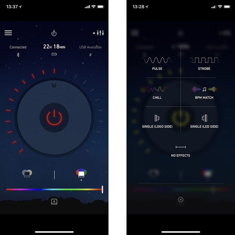 色合いおよびその明るさも調節可能。ほか、緩やかな明滅、ストロボ発光。リラックス時向けの自動色変化点灯、音楽のリズムに合わせての点滅、片側発光なども制御できます。右写真はBaseLanternの片側だけを発光させている状態。どちら側でも片側のみの発光が可能です。音楽に合わせての点滅は、スマートフォン側で音楽のビートを判断してBaseLanternの点滅を制御しています。けっこう正確に点滅にてビートを刻み、曲が変わっても間もなく正しいビートで点滅するようになります。