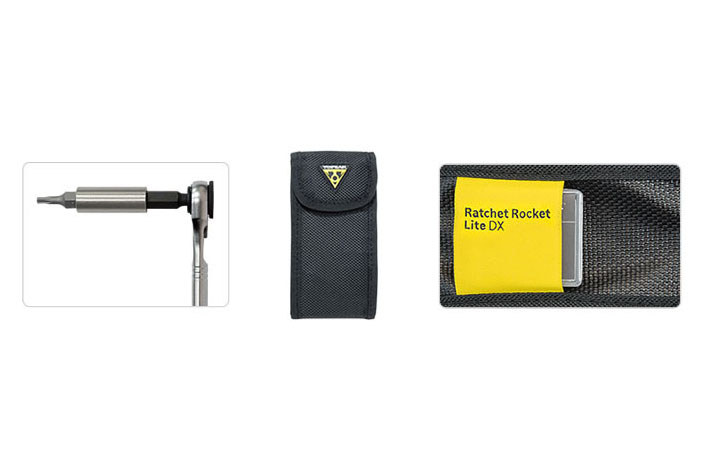 TOPEAK「Ratchet Roacket Lite DX」（<a href="http://www.topeak.jp/tool/tol34200.html" class="strong bn" target="_blank">公式ページ</a>）。現行のラチェットハンドル付きツールセットで、前述の旧型「Ratchet Rocket RX」より充実したツールがセットされています。たとえばラチェットの活用幅を広げるエクステンドバーが付属します。ケース内にはパンク修理用の接着剤付きパッチ収納ポケットも。