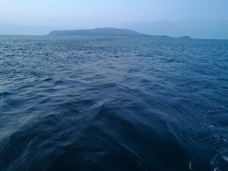 夜明け頃の大島、明かりが灯っているのは大島の北側にある岡田港だ