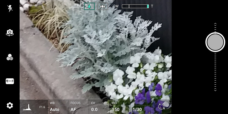 ズームは画面のピンチイン・アウトだけでなくシャッターボタンの上下スライドでも操作できる