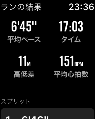Nike+モデルのプリインストールアプリ「NIKE+ RUN CLUB」の表示。結果画面にルートも表示されますが、地図がないのでよく判りません。全体結果はすっきりした印象です