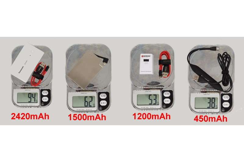 Jackery Jewel（右端）は容量は450mAhと最小だが軽さも超一流のたったの38g