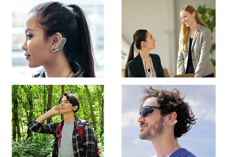 左写真のように、耳の下側に掛けて使います。重量が分散されるため、自然な装着感があり、やや激しく動いても耳から落ちにくいフィット性があります。通常使用に加え、「音声による情報を受けるヘッドセット」として常時装着ができるほか、IPX2の防滴仕様なのでスポーツやアウトドアアクティビティにも向きます。