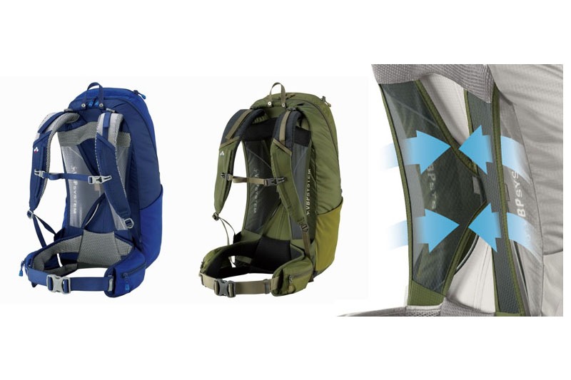 左が「レラパック 25 Women's」、右が「レラパック 30」。どちらも写真以外のカラーが2色ずつあります。レラパックも「背中に触れる面がメッシュのバックパック」です。