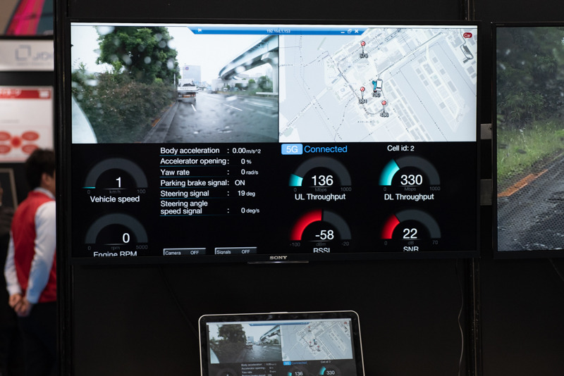 「コネクティッドカー実証実験」では、3台の車と5Gで通信、4K映像やモニタリング情報が送信されてきている
