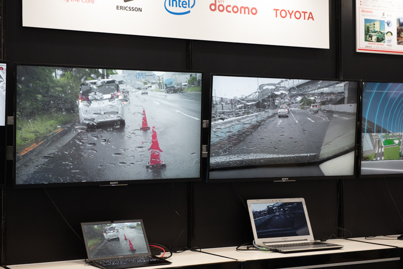 「コネクティッドカー実証実験」では、3台の車と5Gで通信、4K映像やモニタリング情報が送信されてきている