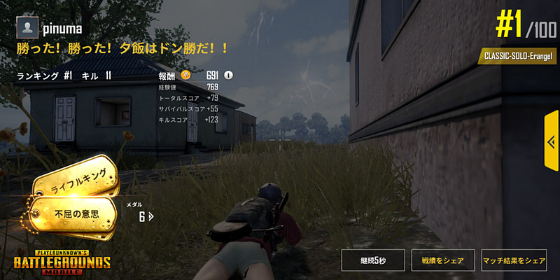 狙撃されまくりながらも、なんとか応戦。いつの間にか最後の1人になっていて「ドン勝」を達成した！