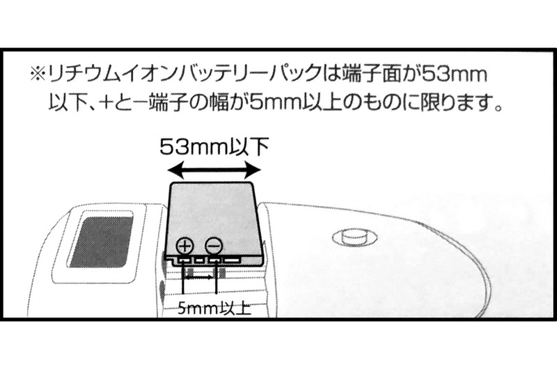デジカメなどによく使われるリチウムイオンバッテリーパックも充電できます。ただし充電器のサイズから、バッテリーパック側の＋極ー極の間隔が5mm以上あり、バッテリーの幅が53mm以下であるという条件付き。また、全てのリチウムイオンバッテリーパックに充電できるわけではありません。詳しくはメーカー公表の「<a href="http://www.kenko-tokina.co.jp/imaging/eq/mbc_camera.pdf" class="strong bn" target="_blank">Li-ion電池パック対応表</a>（PDF）」をご参照ください。なお、リチウムイオンバッテリーパックを充電しながら単3形/単4形二次電池の充電を行うことはできません。