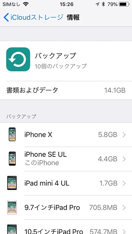 バックアップのサイズ。全14GB中、2端末で10GBを占めていた