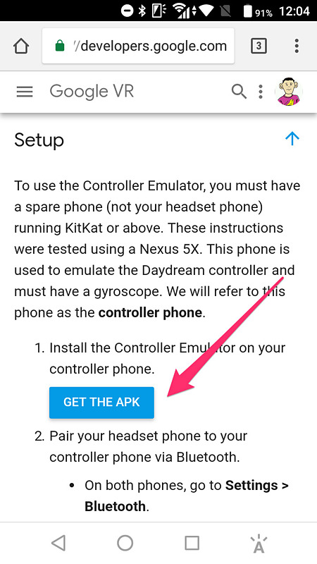 1. コントローラーにしたいスマートフォンに<a href="https://developers.google.com/vr/daydream/controller-emulator" class="n" target="_blank">コントローラーアプリ</a>をインストールする