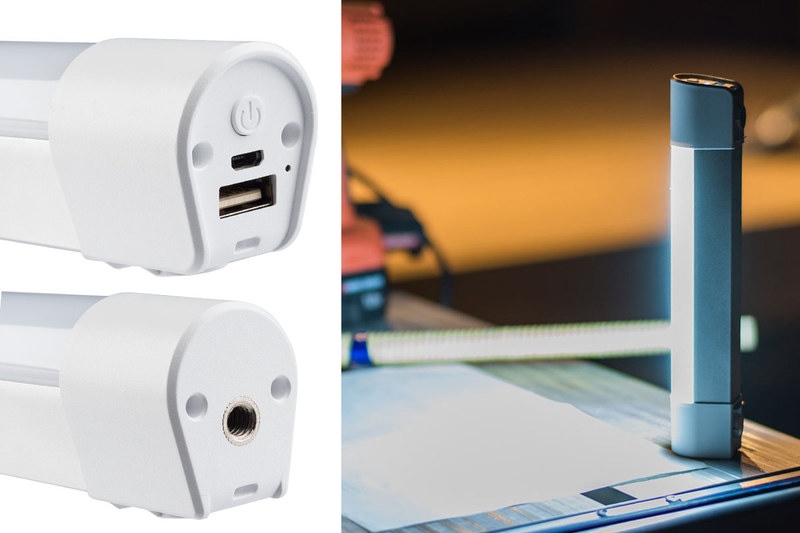 棒状ライトの片側が発光部で、裏側にはマグネットが2つ内蔵されています。マグネットでスチール棚などに固定可能。両端は、片方に電源ボタン・充電用microUSBポート・給電用USBポートがあり、もう片方に三脚ネジ穴があります。また、両端にストラップホールがあるので、紐類を使って自由に吊して使えます。なお、三脚穴がある側を下にすれば自立も可能。