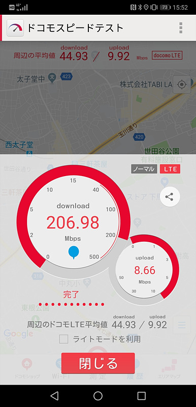 「ドコモスピードテスト」アプリで計測したところ、100Mbpsを超えるスピードを記録することも多い