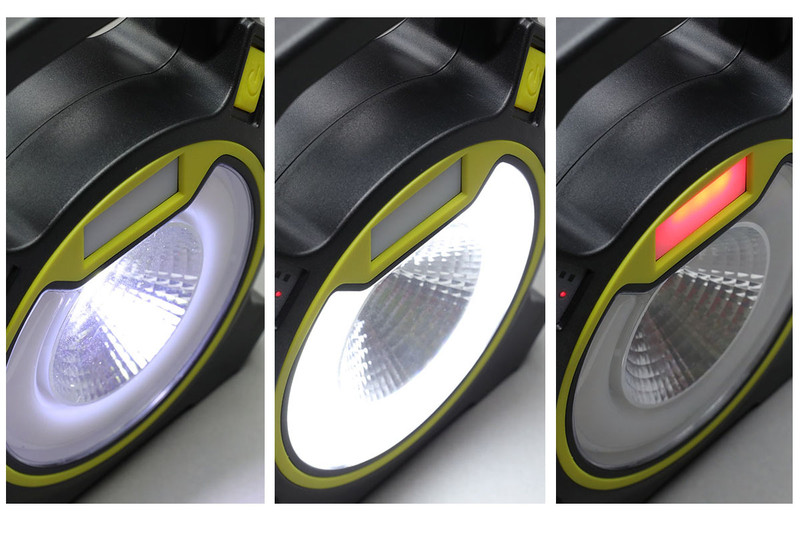 LightsEtcのLED小型投光器（<a href="http://amzn.asia/gCWeull" class="strong bn" target="_blank">Amazon.co.jpへのリンク</a>）。18650×2本付きで税込1550円！　電池はもちろん脱着可能で、本体にセットした18650へはUSB充電が可能です。USB給電機能もあり、スマートフォンなどをUSB充電可能。LEDライトは、前面中央、前面周囲、前面上部の3つがあり、中央と周囲は白色投光で、上部は赤や青の点滅。白色投光は2畳程度の広さを十分明るく照らし出せる光量が感じられます。ただし、つくりは値段なりという雰囲気。