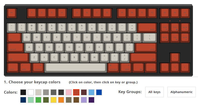 WASDのWebサイト。WASDはキーボードメーカーでありキーボードショップですが、購入者が各パーツを自由に組み合わせたりデザインしたりして「オリジナルキーボード」を買えるのが大きな特徴です（既成デザインのキーボードもあります）。右画像はオリジナルキーボードをウェブサイト上で作成している様子。キートップのカラーなども自由自在にカスタマイズして購入できます。