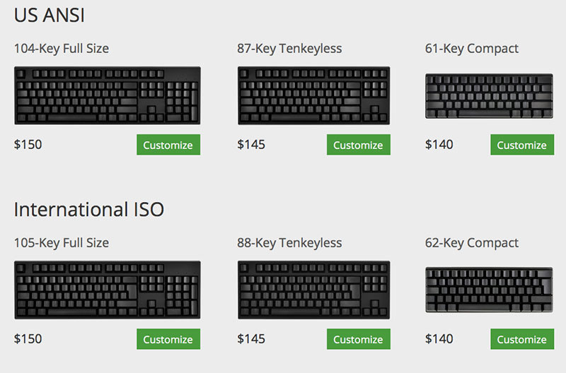 基礎部分であるキーボードのベース部分は合計6種類。この6種類から選び、ユーザー独自のカスタマイズを施して買うスタイルです。高品位キートップを使った高級バージョンのような既製品も多々。