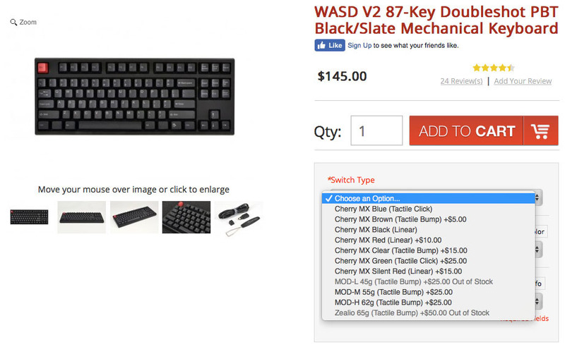 基礎部分であるキーボードのベース部分は合計6種類。この6種類から選び、ユーザー独自のカスタマイズを施して買うスタイルです。高品位キートップを使った高級バージョンのような既製品も多々。