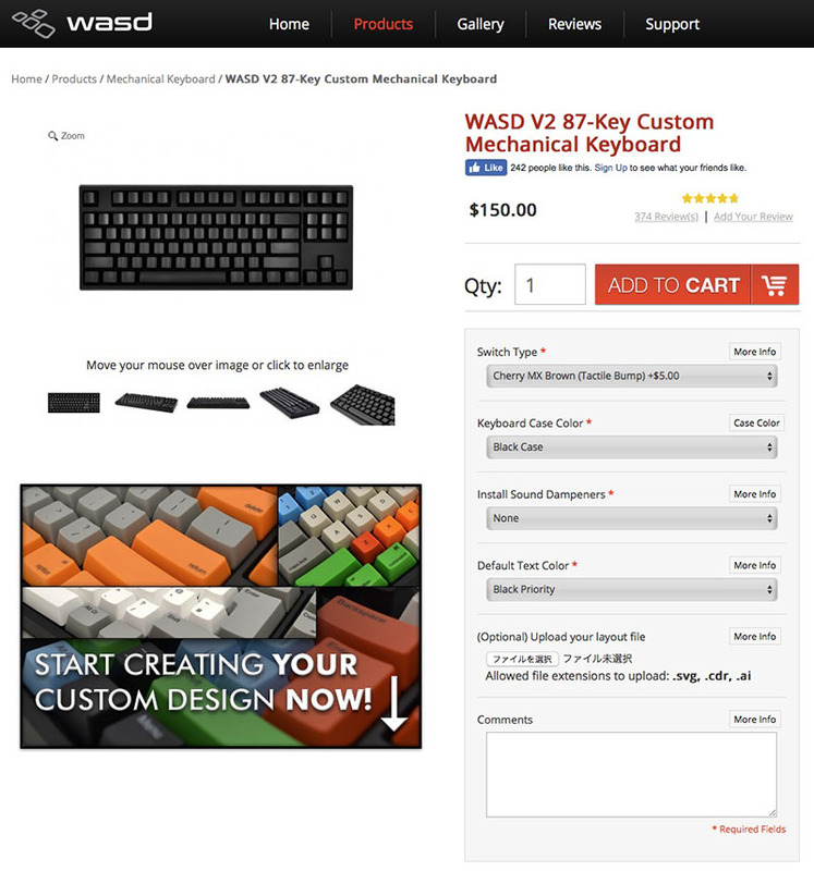 WASDの<a href="http://www.wasdkeyboards.com/" class="strong bn" target="_blank">トップページ</a>から、好みのキーボード（ベース）を選択します。ここでは「87-Key Tenkeyless」を選びました。そして緑色の「Customize」をクリック。続いて表示されたページにて、「Switch Type」（メカニカルスイッチ種類）「Keyboard Case Color」（キーボード筐体の色）「Install Sound Dampeners」（メカニカルスイッチのソコ突き防止・静音化のためのゴム）「Default Text Color」（キートップ刻印色）を設定します。キートップの刻印色はオリジナル色の指定も可能です。また、キートップ刻印の自作デザインがあれば、ここでアップロードできます。