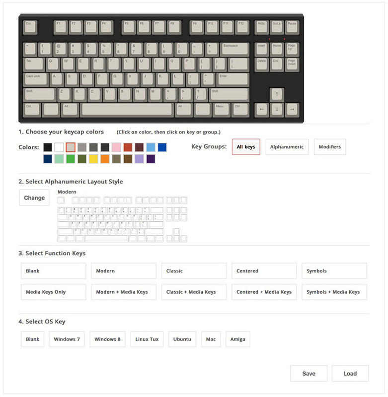 その後は4つの設定をすればOK。まずはキートップ（キーカバー）の樹脂色を指定します。各キーに対して個別にカラーを設定可能。ここでは、英数字キーを薄いグレー、そのほかを赤に設定してみました。