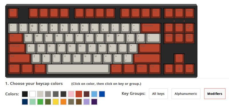 その後は4つの設定をすればOK。まずはキートップ（キーカバー）の樹脂色を指定します。各キーに対して個別にカラーを設定可能。ここでは、英数字キーを薄いグレー、そのほかを赤に設定してみました。