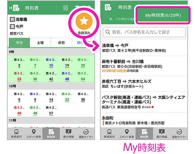 日付指定、停車バス停の一覧表示