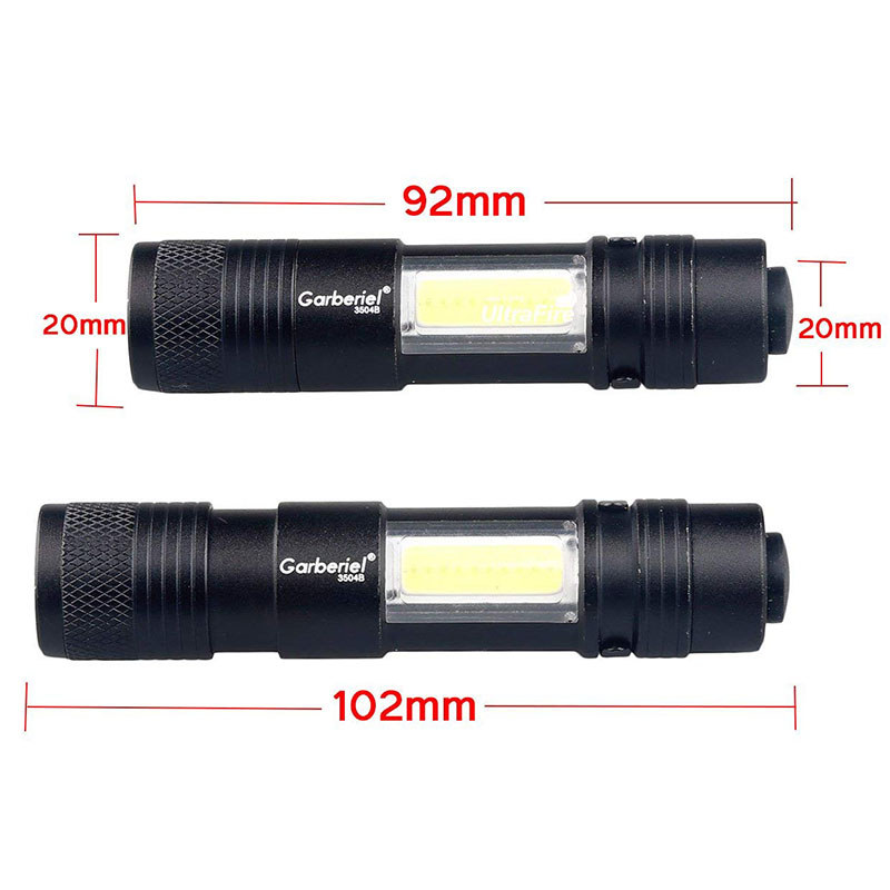 SunTop Tradeの2本セットのLEDライト（<a href="http://amzn.asia/3wVPX2c" class="strong bn" target="_blank">Amazon.co.jpへのリンク</a>）。横側にもLEDライト（COBタイプ）があるのが特徴的です。2本セットで税込999円でした。1本あたり約500円。上記2製品と比べると、前方LEDの明るさは暗め。ですが、単3形アルカリ電池で使った場合でも「まあ単3のLEDライトならこんなモンじゃない？」と言えそうな気がします。横側のLEDライトですが、広範囲に照射でき、かなり明るいと感じられるレベル。このサイズでスポット照射も広範囲照射もできるLEDライトということで、1本約500円は満足感が高いです。ただ、横側ライトの透明樹脂カバーが微妙に脆弱気味な雰囲気。※画像はAmazon商品ページより抜粋。