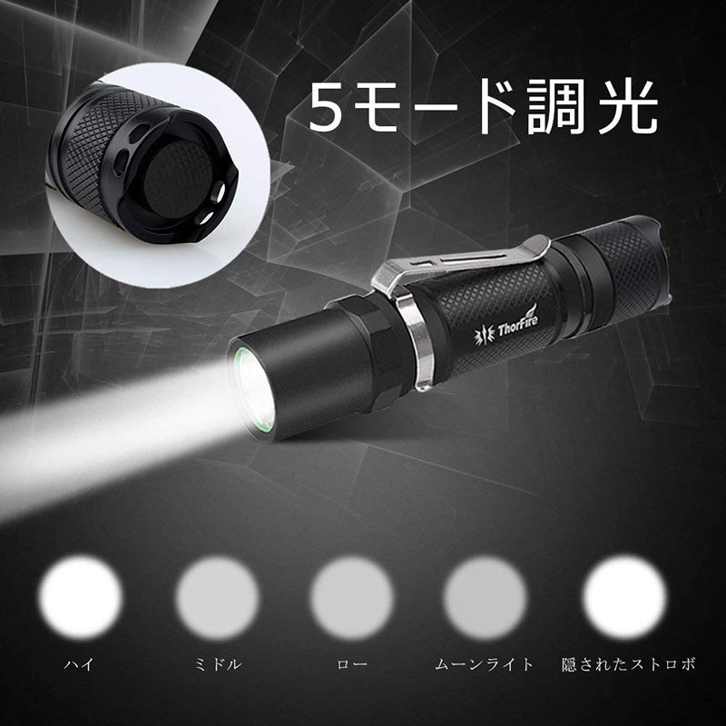 ThorFireの「TG06S」（<a href="http://amzn.asia/3LYEOJQ" class="strong bn" target="_blank">Amazon.co.jpへのリンク</a>）。税込1880円で購入しました。明るさは、ハイ（500ルーメン）、ミドル（200ルーメン）、ロー（50ルーメン）、ムーンライト（1ルーメン）4段階に調節できるほか、最大光量での高速点滅モードもあります。最大光量の場合、14500で使うと「とても明るい」という印象ですが、単3形アルカリ電池で使っても「かなり明るいレベル」という感じ。ムーンライトモードは光量抑えめで照らす感じですが、こういう「暗めモードもある」のは便利です。※画像はAmazon商品ページより抜粋。