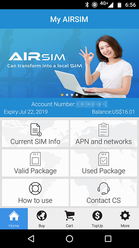 AIRSIMを装着した状態でアプリをインストールすると、チャージをしたり、渡航先のパッケージを購入できる