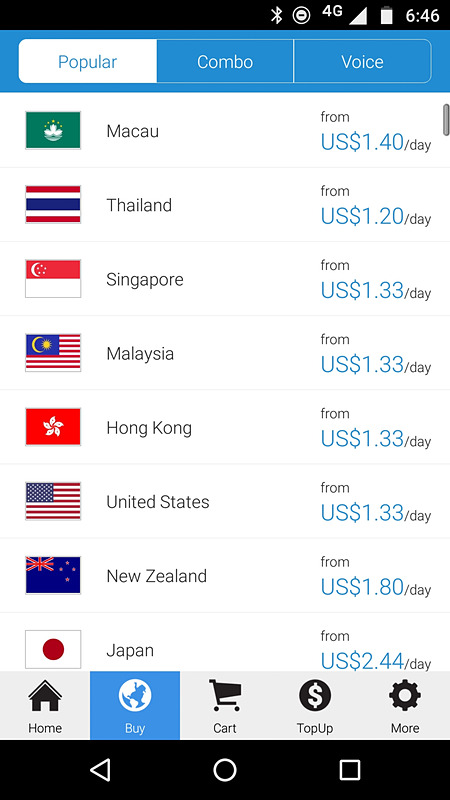 さまざまな国と地域のパッケージ。ただし、ここに書かれている単価はあくまでも計算上の最安値。つまり、30日間で何十ドルのパッケージを買うと、これくらいの単価になるという意味なので、要注意