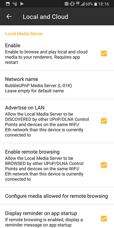 BubbleUPnPでは設定で「Local Media Server」が有効になっていることを確認