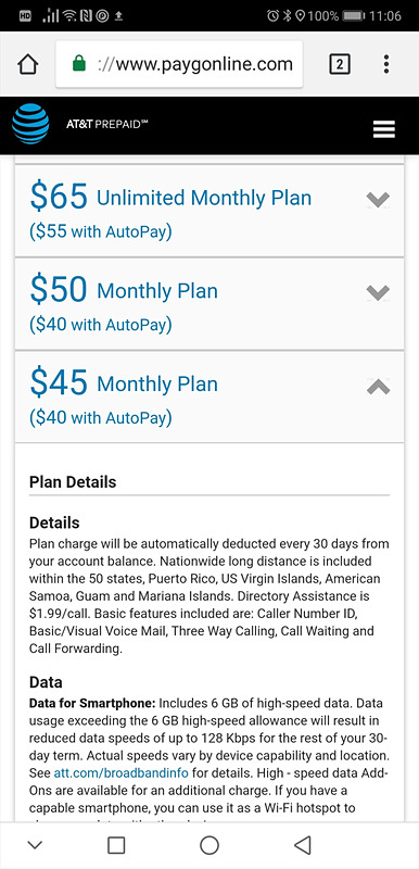 AT&Tのプリペイド用料金プラン。6GBで45ドルと少々高い