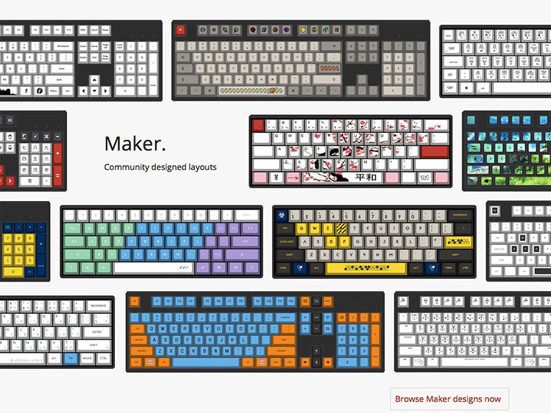 「WASD Keyboards」Webサイト。ユーザーの要望に応じたキーボードをつくるメーカーで、メカニカルキースイッチ搭載の各種キーボードを販売しています。ユーザーがカスタマイズできるのは「WASD V2 Mechanical Keyboard」シリーズ。キーボードサイズはフルキーボード、テンキーレスキーボード、コンパクトキーボードがあり、メカニカルキースイッチ種類・キートップ刻印・キーキャップ色などをカスタマイズして注文できます。ユーザーオリジナルのキートップ刻印でつくってもらうことも可能。ディップスイッチによりWin/Mac用を切り換えられるほか、ColemakやDovorakといった配列の設定も可能です。ただし日本語配列のキーボードはありません。