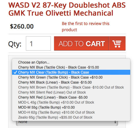 キーキャップとしてGMKのダブルショットタイプがセットされています。キースイッチを「Cherry MX Clear」（クリア軸）として注文したところ、US260ドルでした。この「クリア軸」というのは、押下時に音はしないもののクリック感があるタクタイル（tactile）タイプのキースイッチで、押下時の重さはCherry MXの「茶軸」より少し重くなっています。