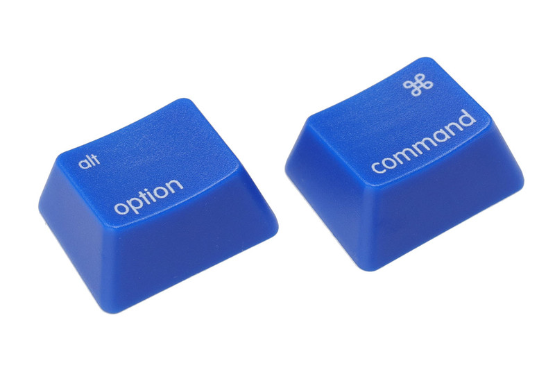 左はMac用修飾キー（modifier key/モディファイアキー）の「option」と「command」。WASD Keyboardsでは「<a href="https://www.wasdkeyboards.com/index.php/products/keycap-mod-packs/os-cherry-mx-keycaps-set-of-2.html" class="strong bn" target="_blank">"OS" Cherry MX Keycap set</a>」として各種OS用修飾キーが売られており、刻印色とキーキャップ色を選べるほか、キーサイズを2種（R1 1×1.25・R1 1×1）から選べます。お値段は1個でUS6ドル。右はMac用のメディアキー「<a href="http://www.wasdkeyboards.com/index.php/products/keycap-mod-packs/mac-hotkey-shortcuts-cherry-mx-keycap-set.html" class="strong bn" target="_blank">Mac Hotkey Media Shortcuts Cherry MX Keycap Set （12 R4 1×1）</a>」。お値段は一式12個セットでUS15ドル。これも刻印色とキーキャップ色が選べます。キーキャップのサイズなどについてはWASD Keyboardsに<a href="https://support.wasdkeyboards.com/hc/en-us/articles/115009701328-Keycap-Size-Compatibility" class="strong bn" target="_blank">解説ページ</a>をご覧ください。