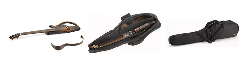 サイレントギターは本体上部のフレームを外すことができます。手で2つのネジを回せば脱着できます。2分割した本体を付属ケースに収めると、普通のギターよりもスリムな状態で保管したり携帯したりできます。