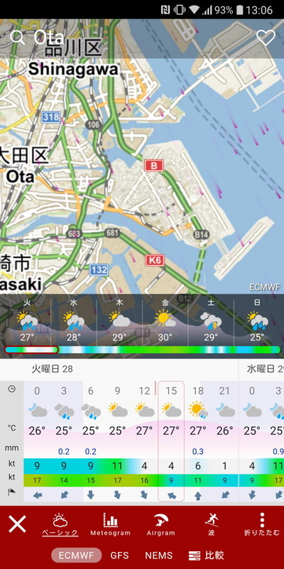 画面最下部に表示されているのが気象データの選択肢