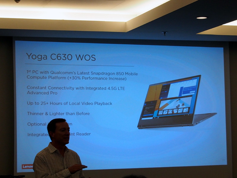 「Yoga C630 WOS」の主なスペック。25時間以上のビデオ再生が可能と、バッテリー駆動時間に優れる