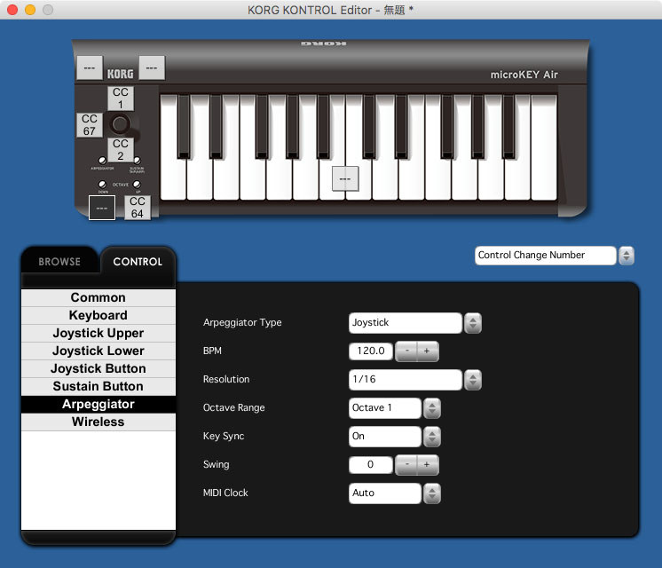 Mac/Windows専用エディター・ソフト「KORG KONTROL Editor」を使って25鍵モデルの設定を行っている様子（画像はMac版）。アルペジエイター・パターンのエディットもできました。PCとキーボードを無線接続した状態で設定できるので、これまた配線とか不要で快適です。