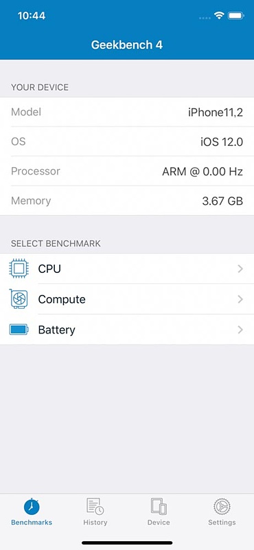 iPhone XSのスペック。プロセッサクロックを測定できていない。iPhone XS Maxもだいたい同じだった