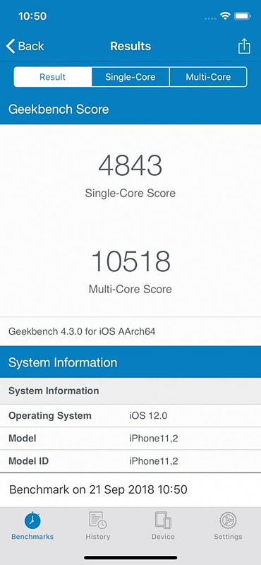 Geekbench 4の結果（iPhone XS）。iPhone XS Maxもびっくりするほど似たスコアだった