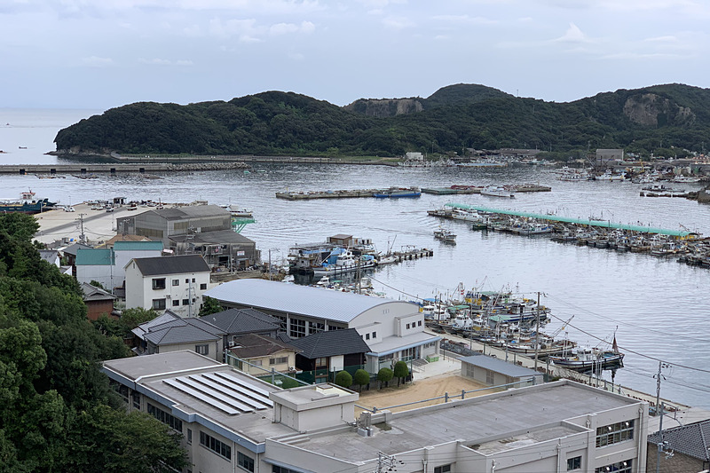 坊勢島。急な坂道に多くの家が建ち並ぶ