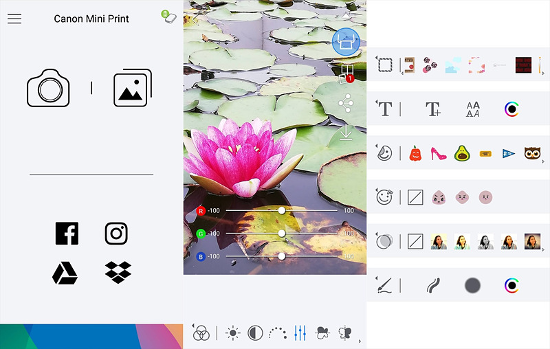 Facebook、Instagram、GoogleDrive、Dropboxにアップロードできる（左）。写真の簡易編集機能だけでなく（中）、フレーム／テキスト／スタンプの追加、変顔機能、フィルター加工、ペイント機能なども備える（右）