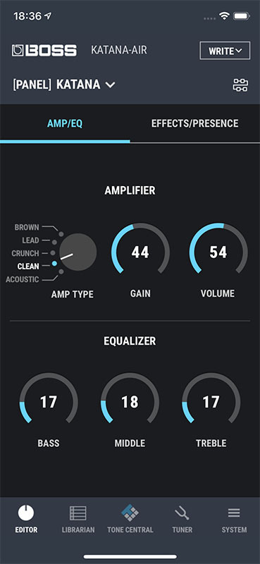 スマートデバイス用アプリ「BOSS TONE STUDIO」。画像はiOS版ですが、Android版もあります。このアプリからKATANA-AIRの各機能を制御でき、スタンバイへの移行時間など細かな設定もできます。