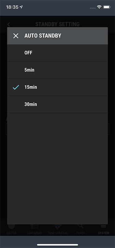 スマートデバイス用アプリ「BOSS TONE STUDIO」。画像はiOS版ですが、Android版もあります。このアプリからKATANA-AIRの各機能を制御でき、スタンバイへの移行時間など細かな設定もできます。