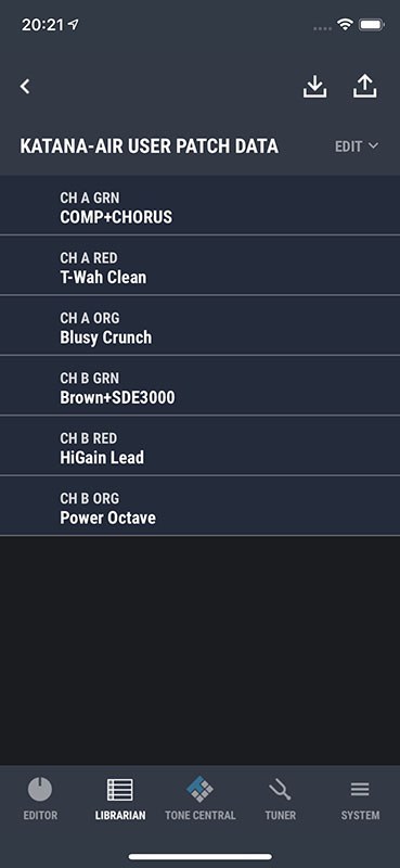 調節したパラメーター一式は、アプリ内あるいはKATANA-AIRに保存できます。KATANA-AIR本体側の設定をアプリにコピーすることも可能。無料でダウンロードして使える設定済みパラメーターセットも多々あります。