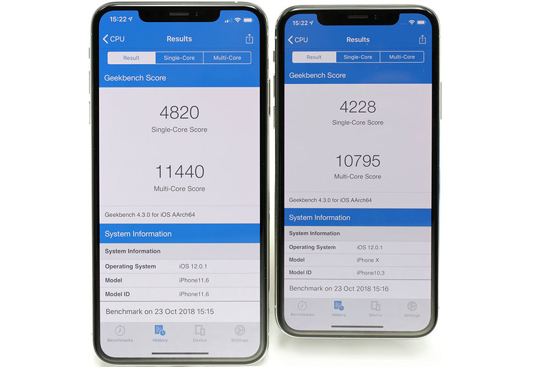 GeekbenchやAnTuTuでベンチマークを取ってみました。それぞれ、左側がiPhone XS Maxで、右側がiPhone Xです。iPhone XS Maxのほうが処理性能が高いものの、「そこそこ順当な処理性能向上」といった印象に。