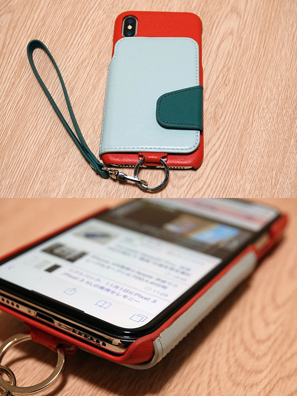 背面に交通系ICカードなどを入れられるのが便利な「RAKUNI」ケースとの組み合わせ。ギリギリOKだ