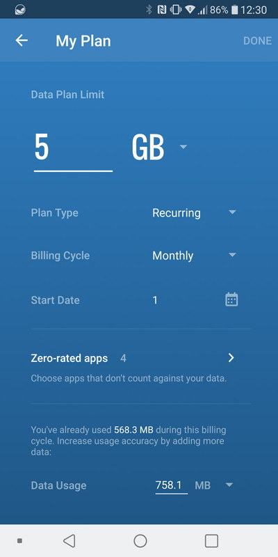 設定画面では契約プランに応じた通信量上限、期間、開始日（リセット日）などを指定する